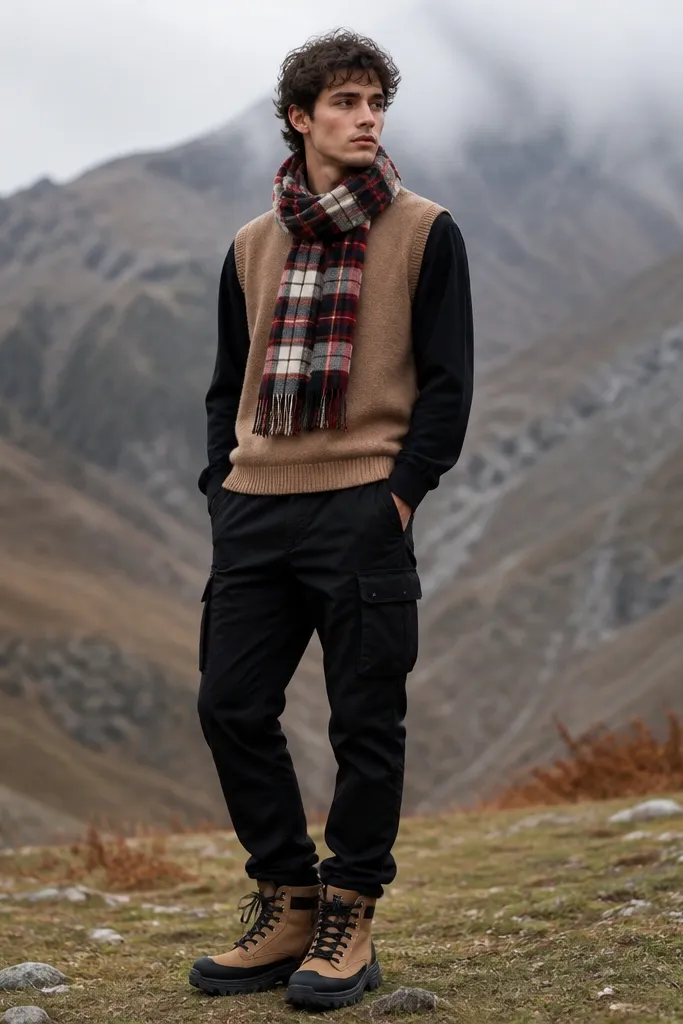 A model wears black cargo pants with a tan sweater vest over a black long-sleeve shirt. A plaid scarf in red, cream, and black is wrapped around the neck. Shoes are tan-and-black boots.