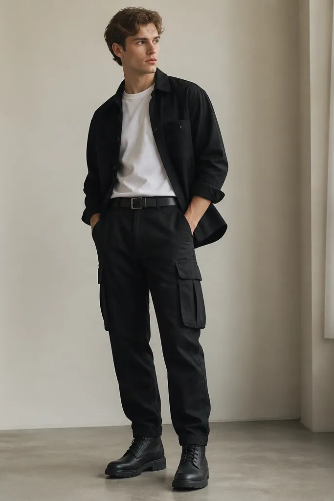 Model in a white crew-neck tee under a black overshirt, paired with black cargo pants featuring flap pockets. Black boots and a monochrome belt are visible.