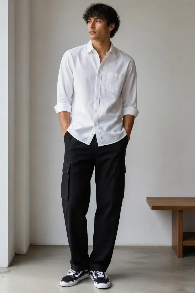 White Oxford button-down with sleeves rolled to the forearm, paired with black cargo pants. The cargo flap pockets are clearly visible; footwear is black-and-white low-profile sneakers.