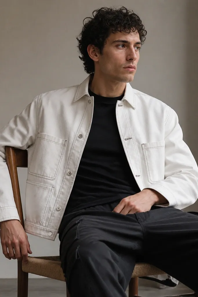 Black fitted long-sleeve tee under a white workwear jacket with visible stitching, worn with black cargo pants. The jacket sits slightly cropped at the waistline.