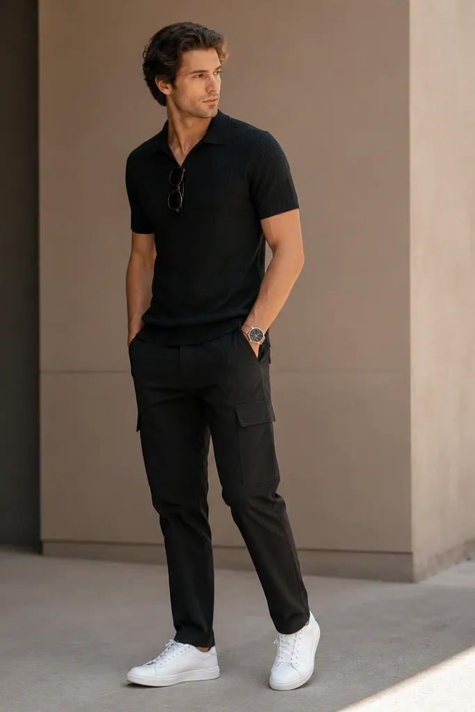 Black knit polo shirt with a slightly textured fabric, worn with black cargo pants and white sneakers. Cargo pockets are visible but not overstuffed; a simple watch and sunglasses sit at the collar height.