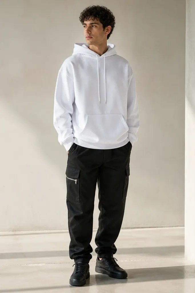 White pullover hoodie with a kangaroo pocket, black cargo pants with a zipper pocket detail, and black sneakers. The hoodie drawstrings hang loosely.