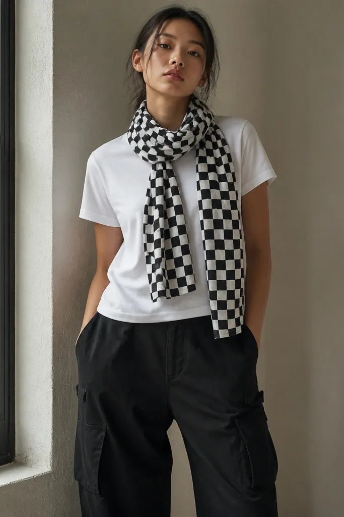 White crew tee with a black-and-white checker scarf draped at the neck, paired with black cargo pants. The scarf pattern stands out against the dark pants.