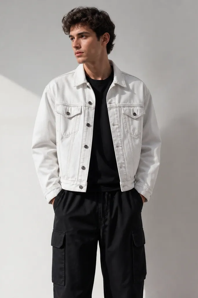 Light-wash white denim jacket layered over a black tee, paired with black cargo pants. Visible seams and chest pockets on the jacket match the cargo pocket placement visually.
