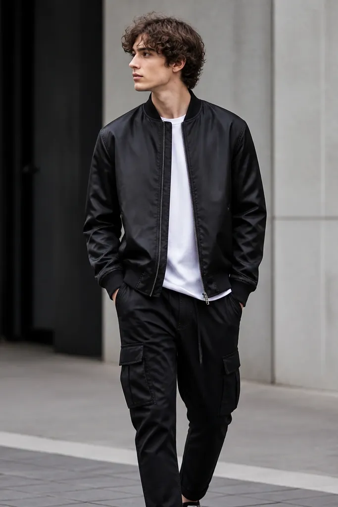 Black satin bomber jacket with a slight sheen over a white tee, paired with black cargo pants. The cargos show large pockets and a clean taper toward the ankle.