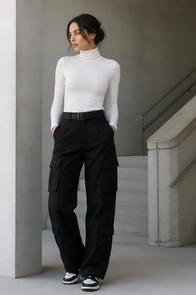 Thin white turtleneck tucked into black cargo pants with a belt. The cargo has structured pockets and a clean waistline; black-and-white sneakers finish the look.