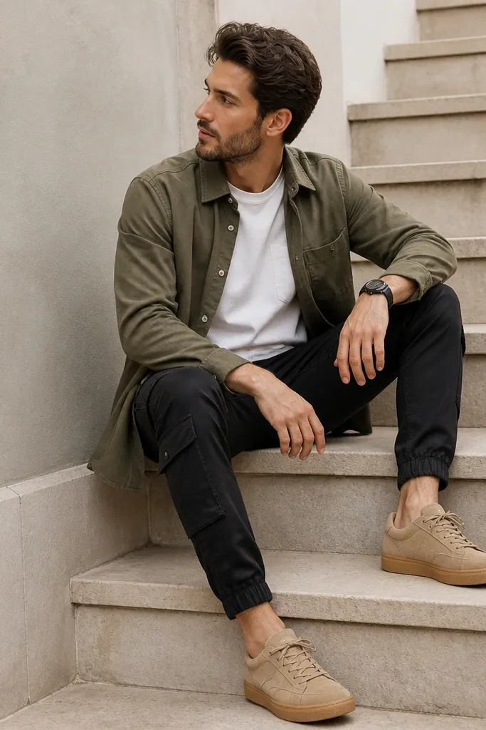 A white short-sleeve pocket tee is worn under an olive button-up overshirt. The black cargo pants are fitted through the thigh with visible cargo pockets and a tapered ankle. The person wears tan suede sneakers and a black watch.