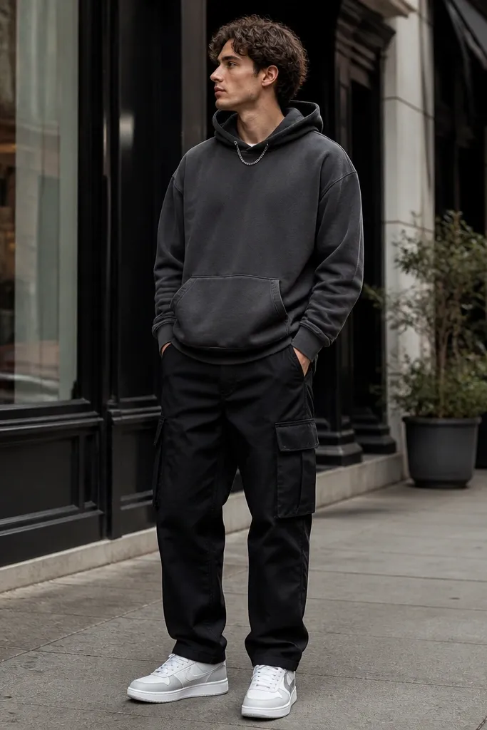 A charcoal pullover hoodie sits over black cargo pants. The sneakers are bright white with subtle grey detailing. A silver chain peeks above the hoodie neckline. The background is an urban sidewalk with storefronts.
