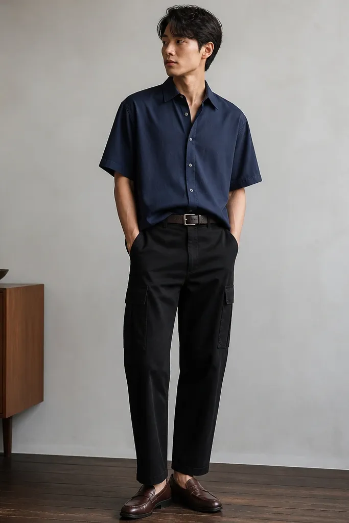 A navy short-sleeve button-down is worn with the front partially tucked into black cargo pants. The person has a belt visible at the waistband and wears dark brown leather loafers. The shot is indoors with a neutral wall.