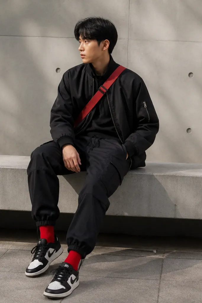 A matte black bomber jacket is paired with black cargo pants. The person wears black-and-white sneakers with bright red crew socks visible above the shoe. A red crossbody strap adds a small color accent.