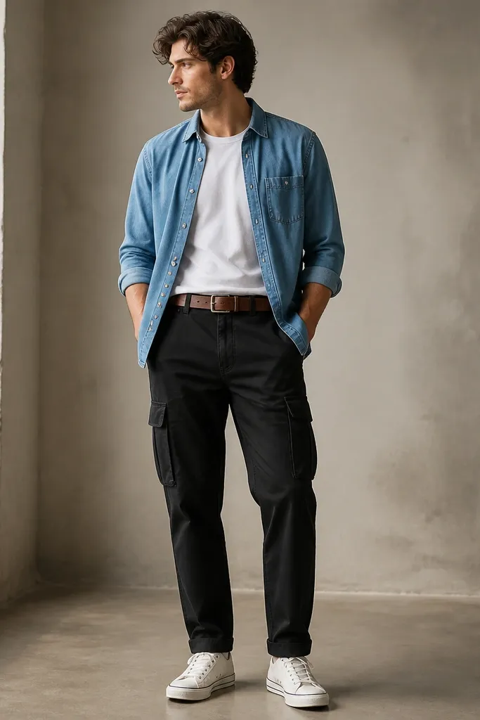 A light blue denim shirt is worn open over a white tee. The black cargo pants have a straight-to-tapered leg, with the pocket flaps visible. The person wears white canvas sneakers and a brown leather belt.