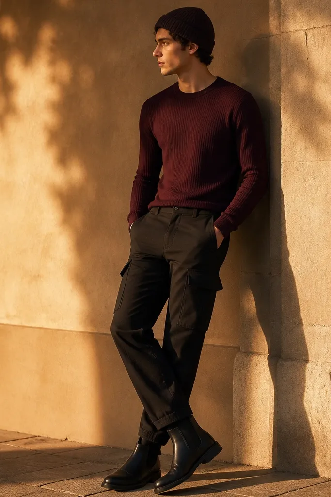 A burgundy long-sleeve thermal top is tucked into black cargo pants. The person wears black Chelsea boots and a dark beanie. The lighting is golden, and the cargo pockets are clearly visible.