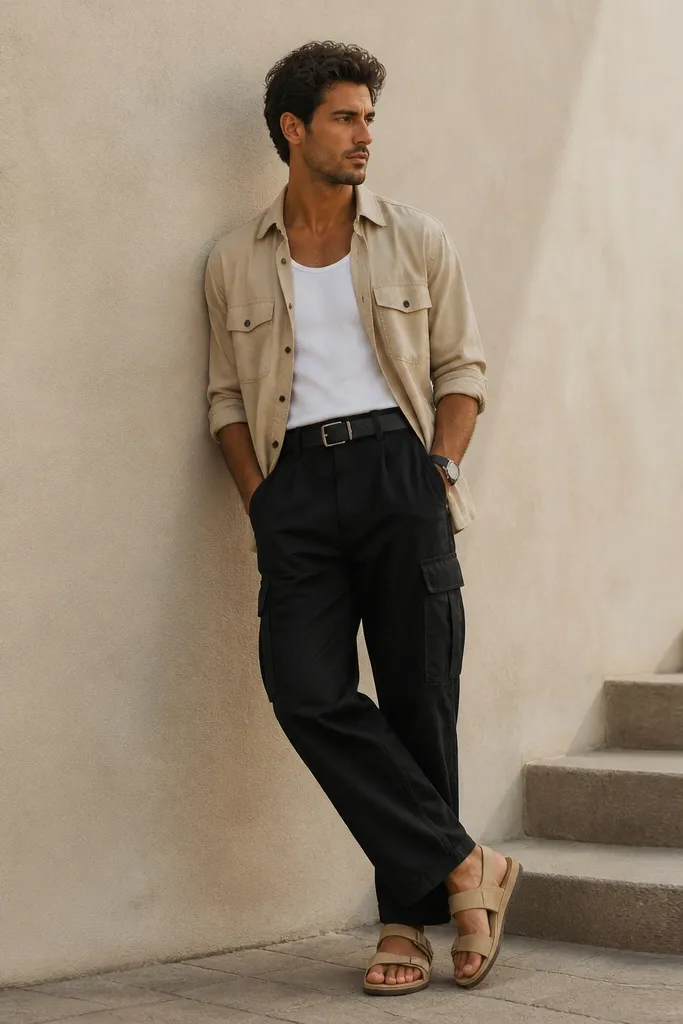 A sand-colored overshirt is worn over a fitted white tank. Black cargo pants sit high on the waist with a visible black leather belt. The person wears tan sandals with a clean strap and a minimal watch.