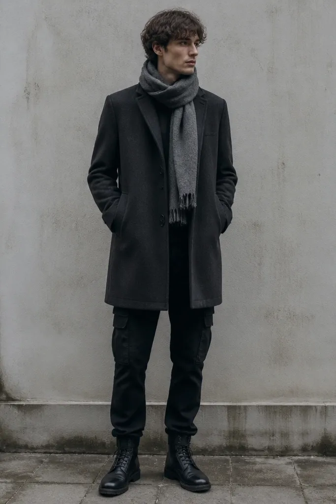 A longline charcoal coat covers the hips and partially the thighs. Under it, black cargo pants are visible with a tapered leg. A grey wool scarf wraps the neck, and the person wears black lace-up boots.