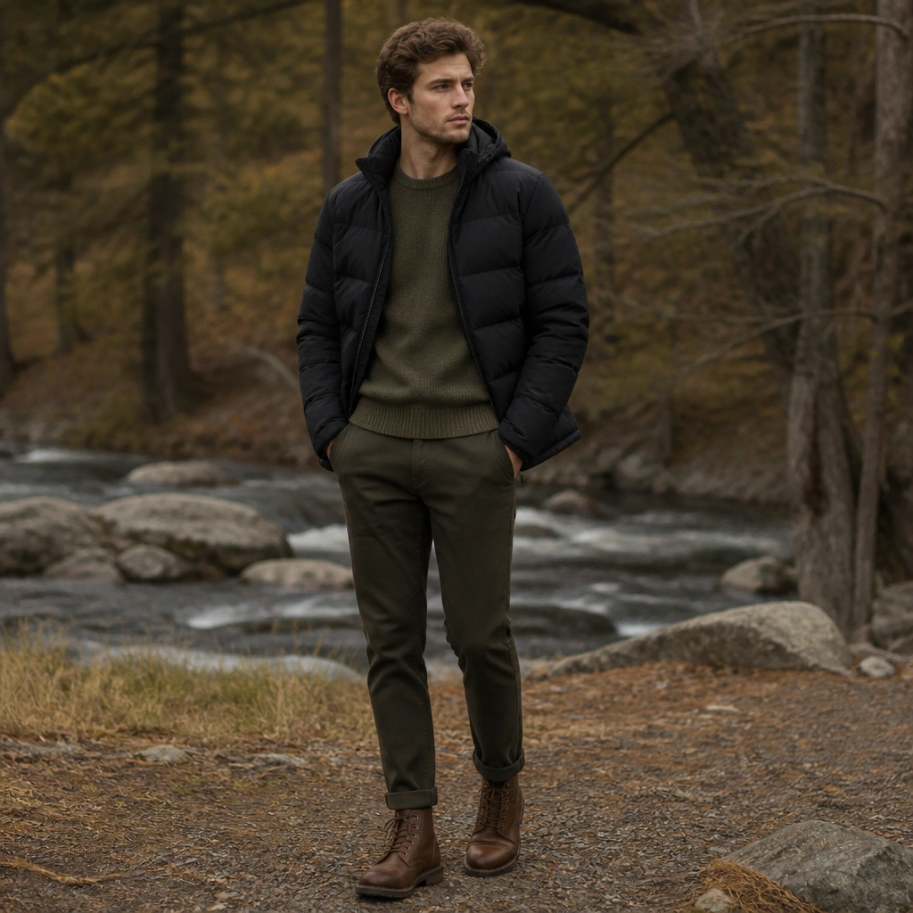 A black puffer jacket layered over an olive knit sweater, styled with dark olive or khaki tapered chinos and brown leather lace-up boots; the palette feels autumn-calm.