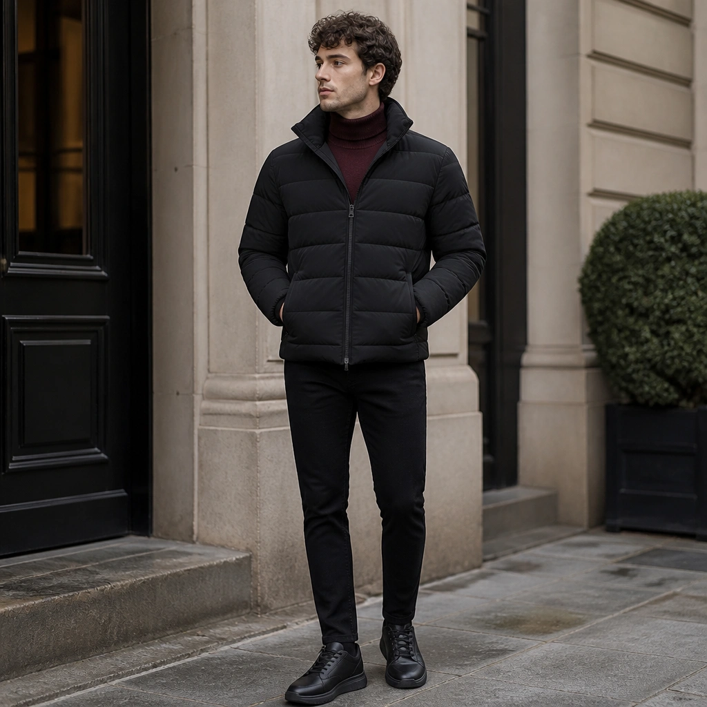 A black puffer jacket zipped with a burgundy turtleneck visible at the collar, paired with black slim pants and sleek black sneakers; the outfit looks sleek and winter-ready.