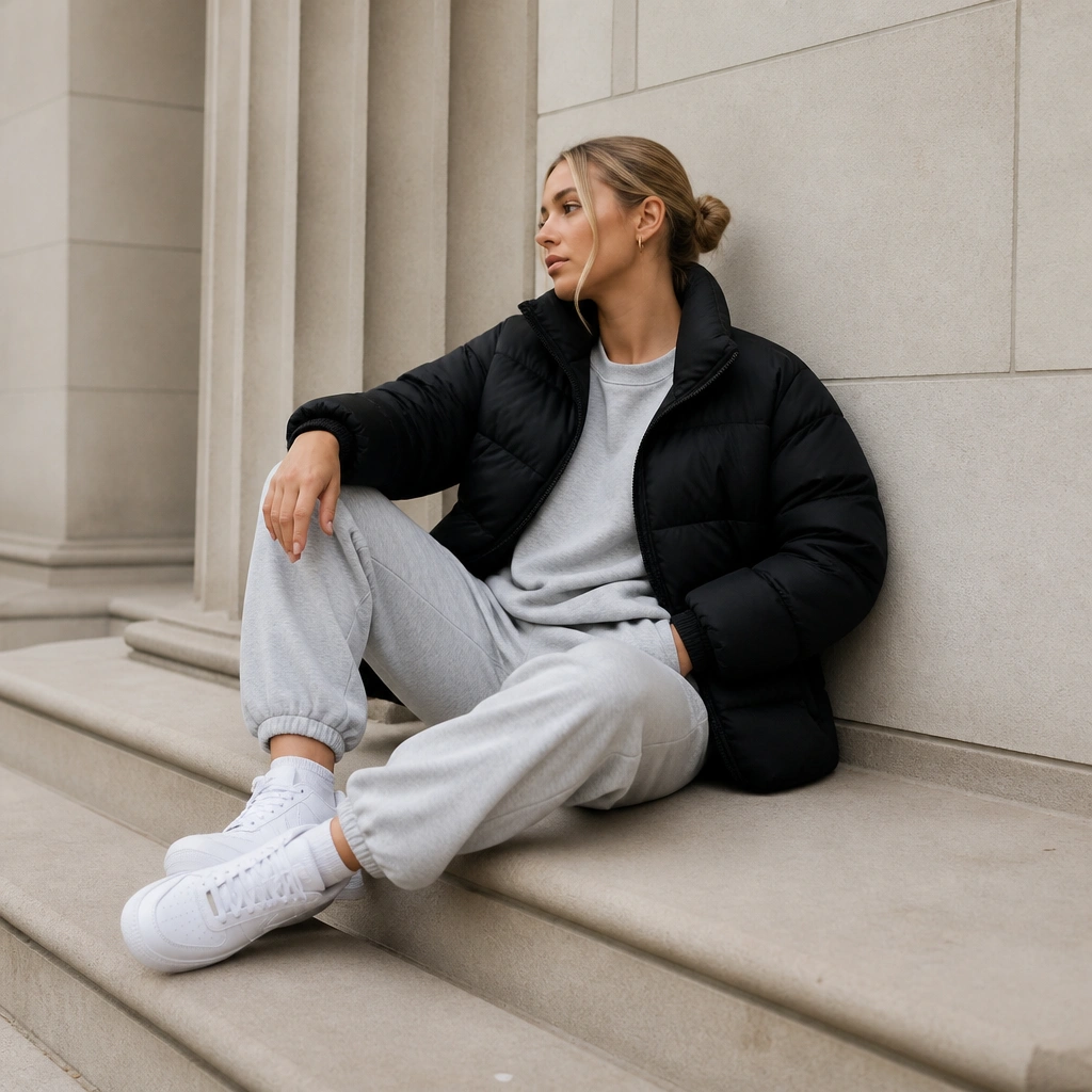A black puffer jacket worn over a matching light gray sweatshirt and sweatpants, with white sneakers; the look is sporty and monochrome-neutrals.