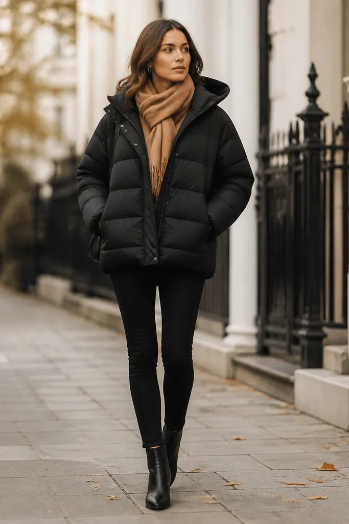A black puffer jacket with a camel scarf peeking at the neck, styled with black leggings or slim jeans and ankle boots; the scarf adds warm color at the face.