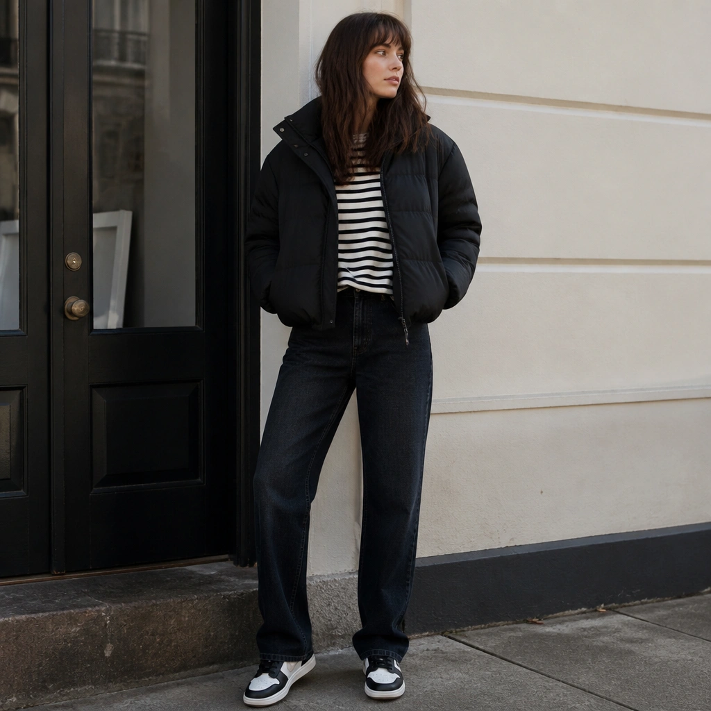 A black puffer jacket over a black-and-white striped long-sleeve tee, with dark wash straight jeans and black-and-white sneakers; the outfit feels classic and crisp.