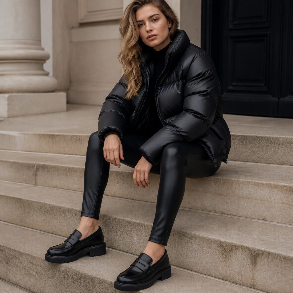 A black puffer jacket layered over a dark top, paired with black faux-leather leggings and chunky loafers; the jacket looks glossy-soft and the pants add edge.