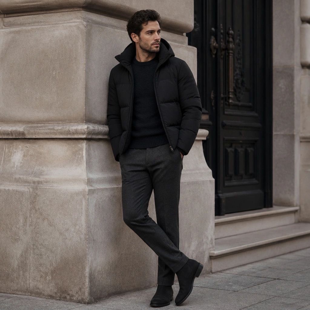 A black puffer jacket over a navy sweater, worn with charcoal wool trousers and dark boots; the outfit looks polished and winter-smart.