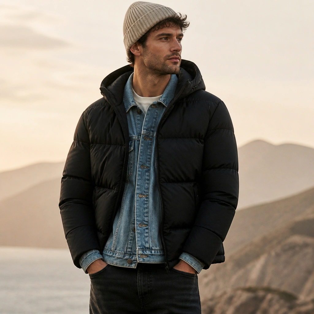 A black puffer jacket worn over a light blue denim jacket, with a neutral knit beanie and dark jeans; the layered look shows denim at the collar and cuffs.