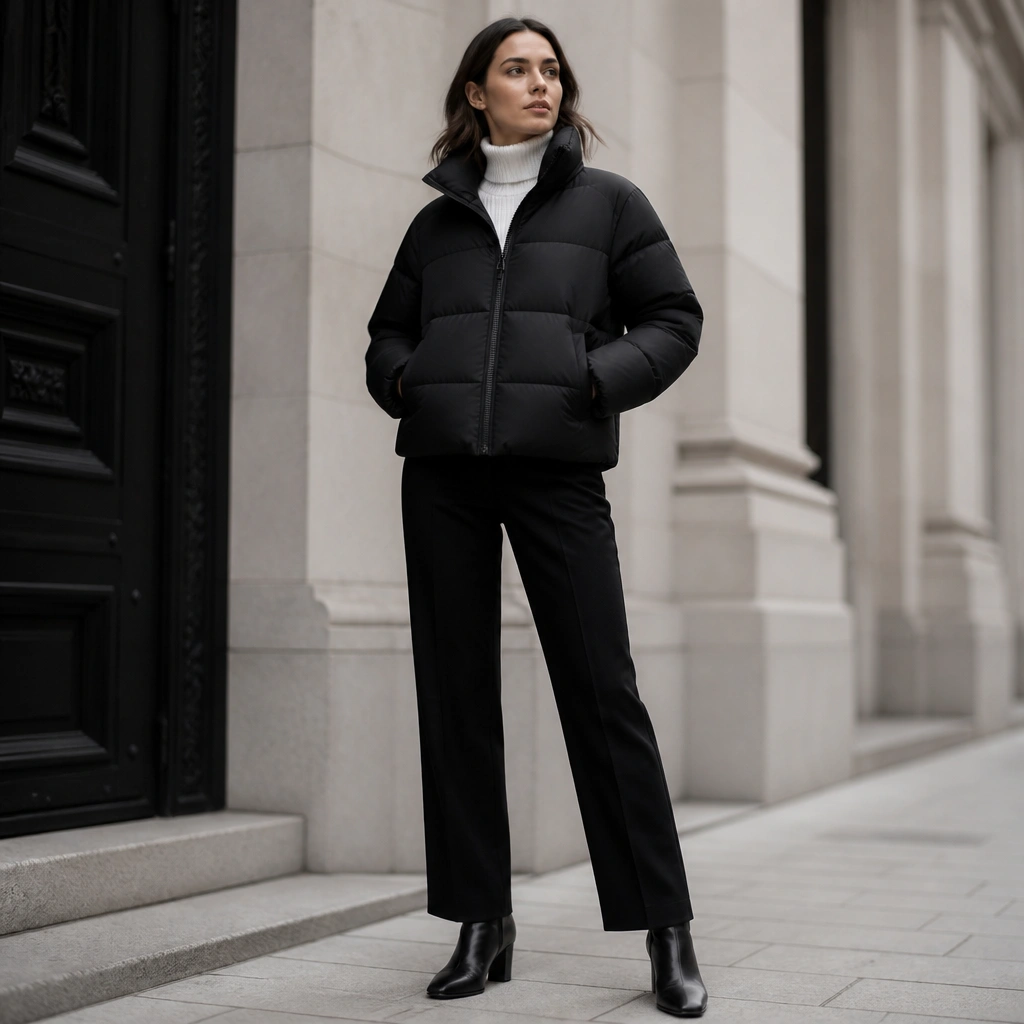 A black puffer jacket zipped with a clean white turtleneck visible, paired with black straight pants and white or black boots; the outfit is high-contrast and crisp.
