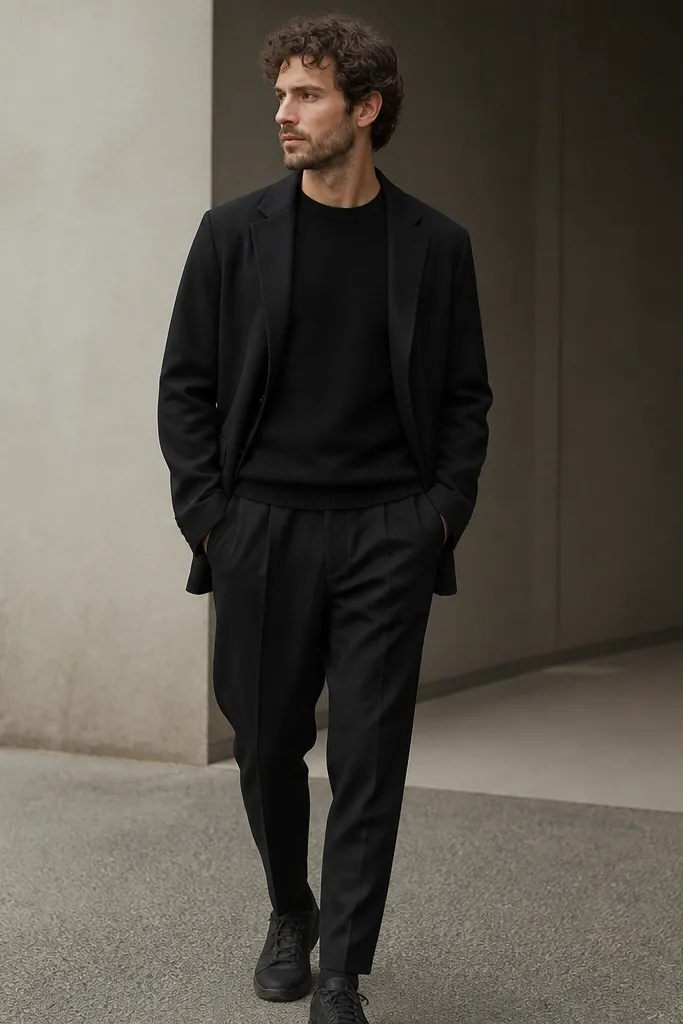 Close-to-mid shot of a man wearing an unstructured black blazer over a black crewneck sweater, paired with tapered black trousers and dark sneakers.