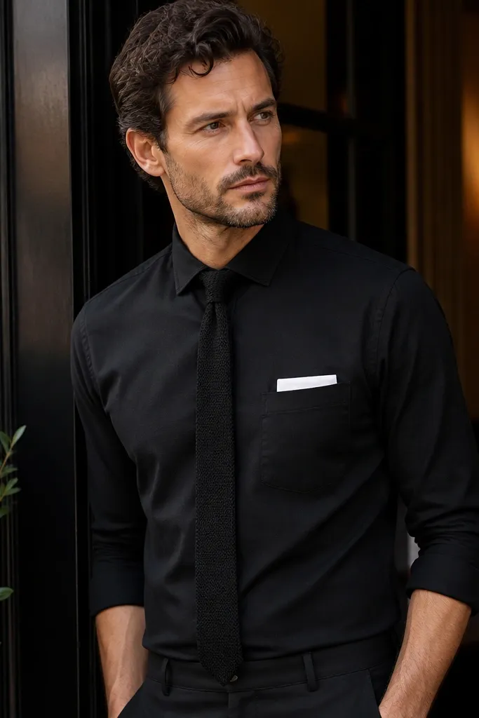 Man dressed in a black long-sleeve button-up with a black knit tie and a white pocket square peeking from a breast pocket, standing at a restaurant entrance.