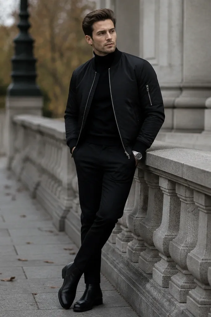 Man wearing a fitted black turtleneck under a matte black bomber jacket, with black Chelsea boots and a silver watch, outdoors in cool weather.