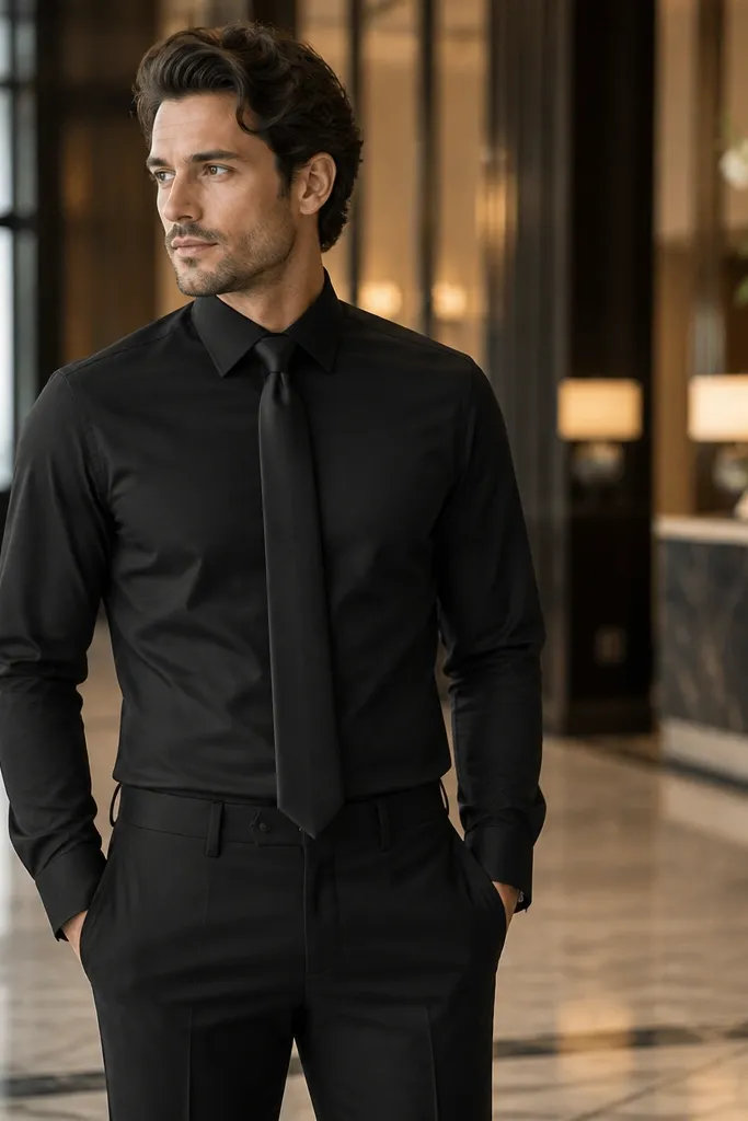 Man wearing a black easy-care dress shirt, black suit trousers, and a slim black tie with a simple knot, posed in front of a hotel lobby.