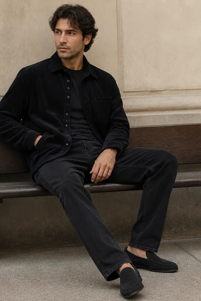 Man wearing a black corduroy overshirt layered over a black tee, black straight-leg jeans, and dark suede loafers, sitting on a bench.