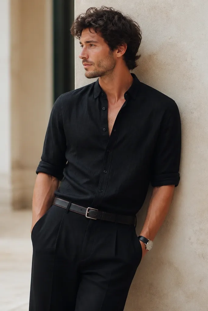 Man in a black linen-blend short-sleeve shirt (or rolled sleeves) with black tailored trousers and a belt that shows a subtle brown edge, plus minimal watch.