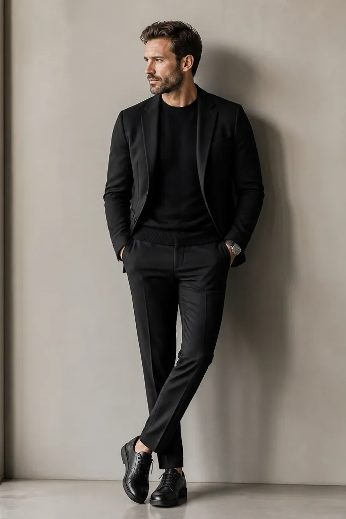 Man wearing a black crewneck sweater under a lightweight black blazer, paired with black leather low-top sneakers and a structured watch.