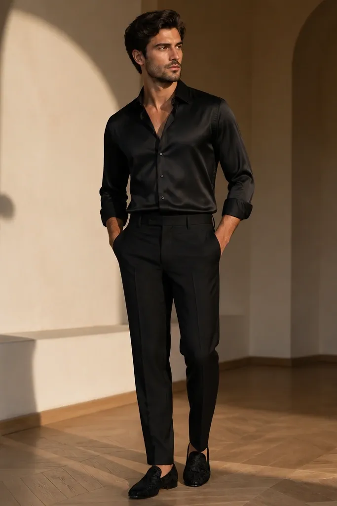 Man wearing a black satin-blend dress shirt with subtle sheen, paired with matte black suit trousers and patterned black loafers, standing under warm lighting.