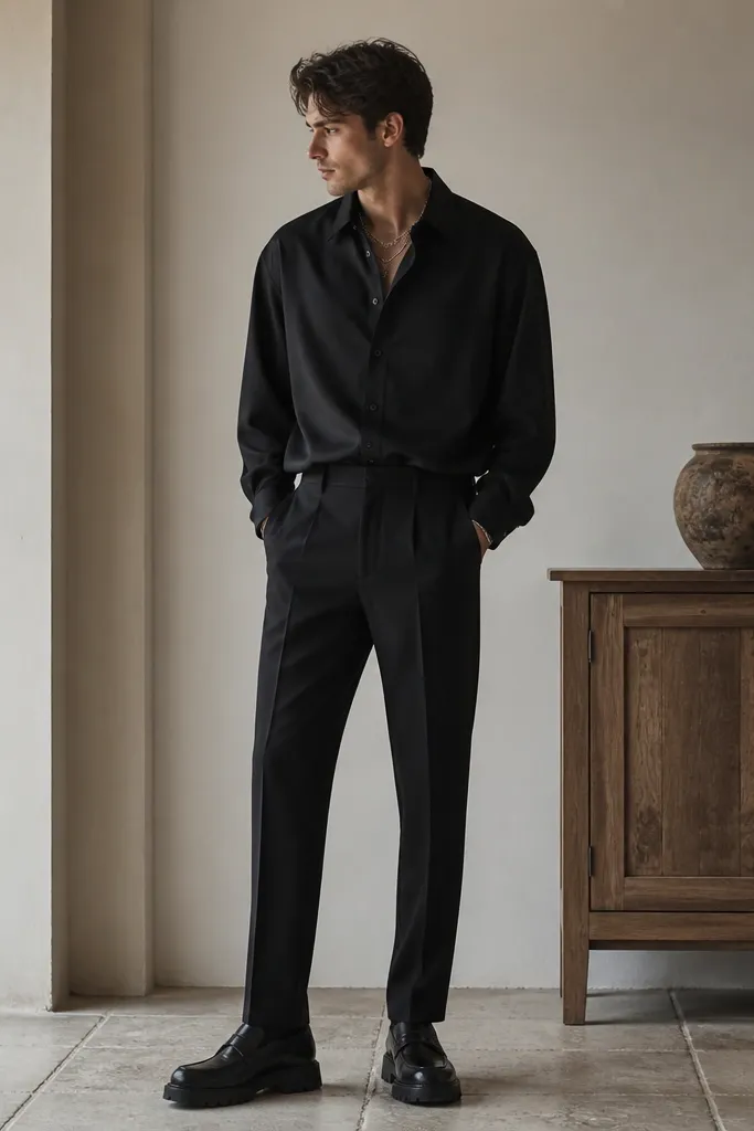 Man wearing a black slightly oversized button-up shirt neatly tucked into tapered black trousers, with chunky black loafers and layered chain necklace.