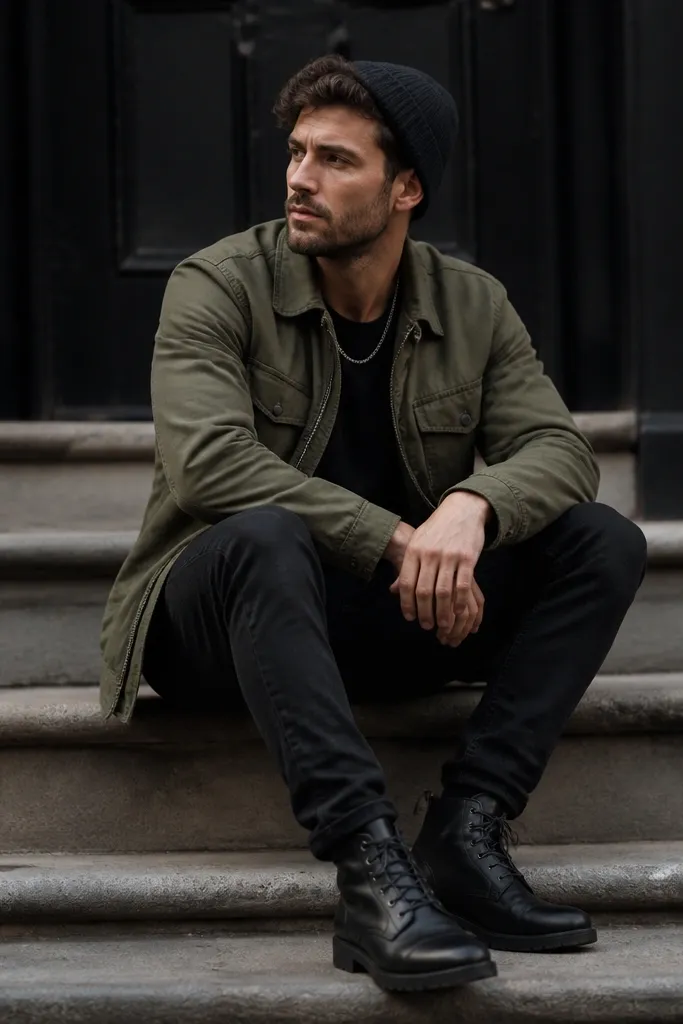 Black boots paired with an olive green utility jacket, black fitted jeans, a silver chain necklace, and a dark beanie; the jacket is zipped halfway.