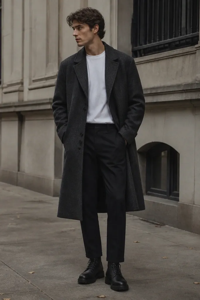 A long charcoal wool overcoat over a white crew-neck tee, black tapered trousers, and black Timberland boots; the coat hem falls just above the boots.