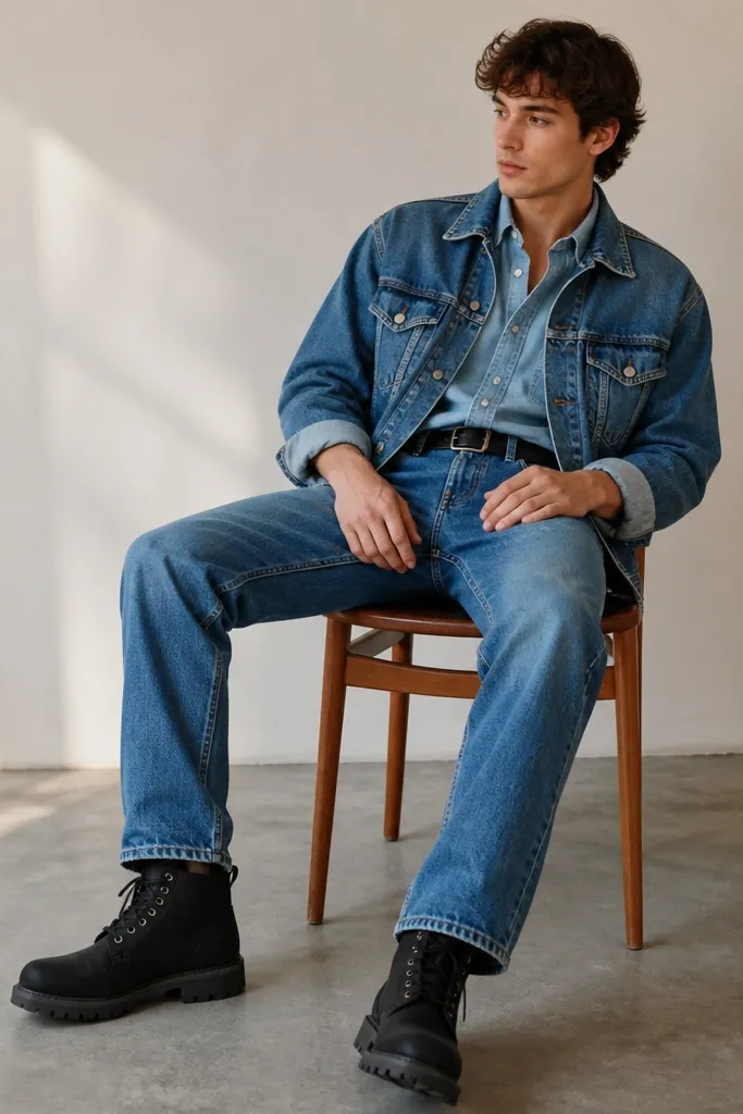 A mid-wash denim jacket worn over a lighter blue shirt, mid-wash jeans, a black belt with a simple buckle, and black Timberland boots; sleeves are slightly rolled.