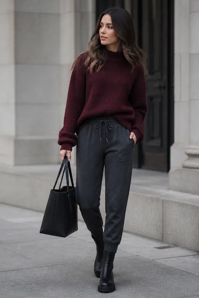 Black boots with a burgundy knit sweater and dark gray joggers; a structured black tote is carried and the joggers taper to the ankle.