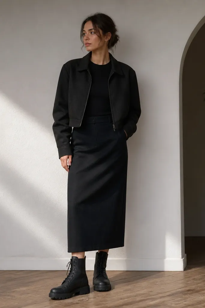 A dark midi skirt paired with a fitted long-sleeve top, black Timberland boots, and a cropped jacket; the skirt falls to mid-calf above the boot shaft.