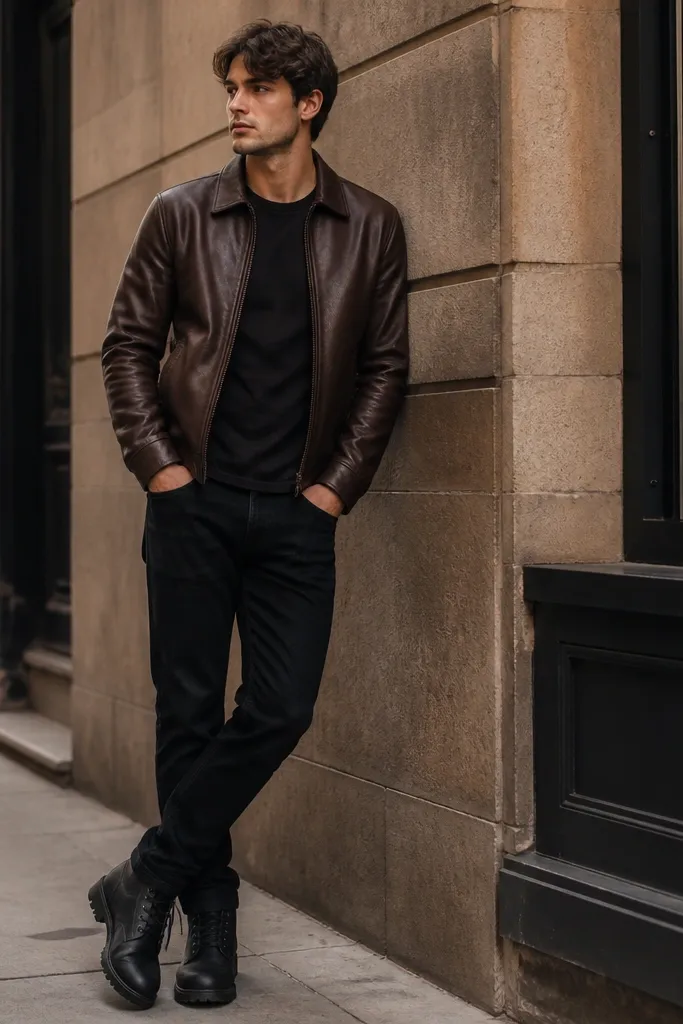 A brown leather jacket over a black tee, black jeans, and black Timberland boots; the outfit styling mirrors a classic sneaker look but with boots.