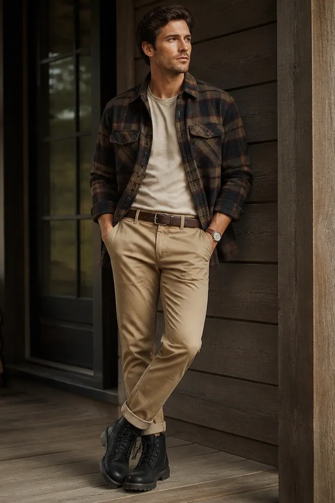 A plaid flannel shacket layered over a neutral tee, khaki chinos with rolled cuffs, and black Timberland boots; a watch and belt are visible.