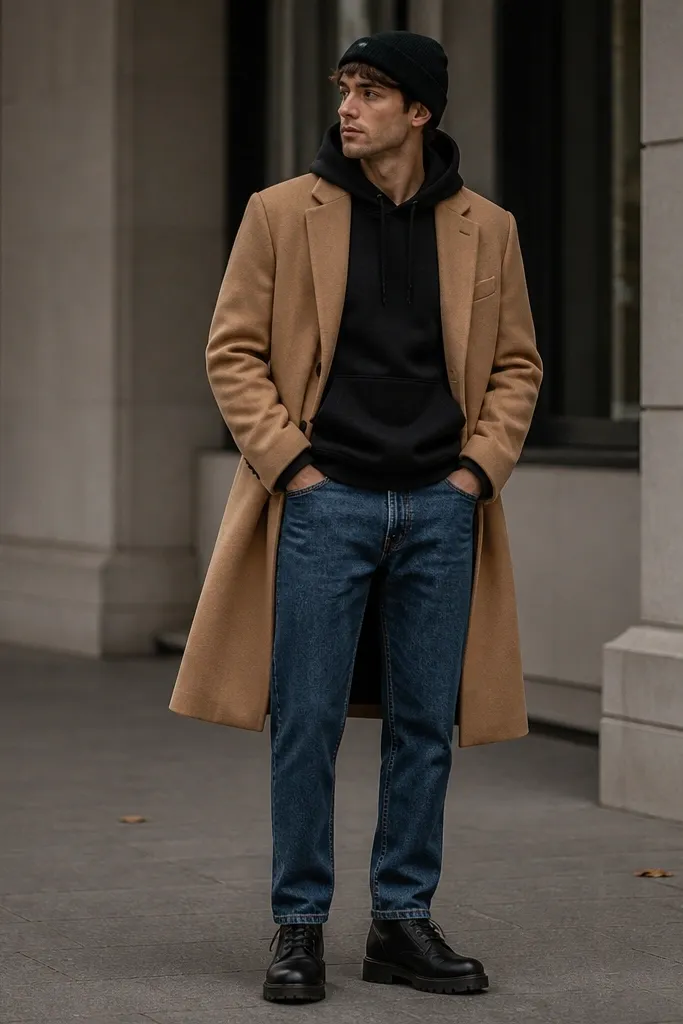 A black hoodie under a camel overcoat, straight-leg jeans, and black Timberland boots; the coat is open and a beanie is worn.