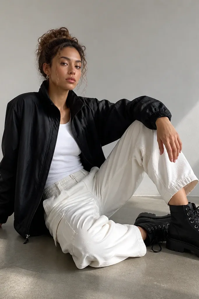 A black nylon jacket over a white top, white cargo pants, and black Timberland boots; the pants are slightly cropped at the ankle.
