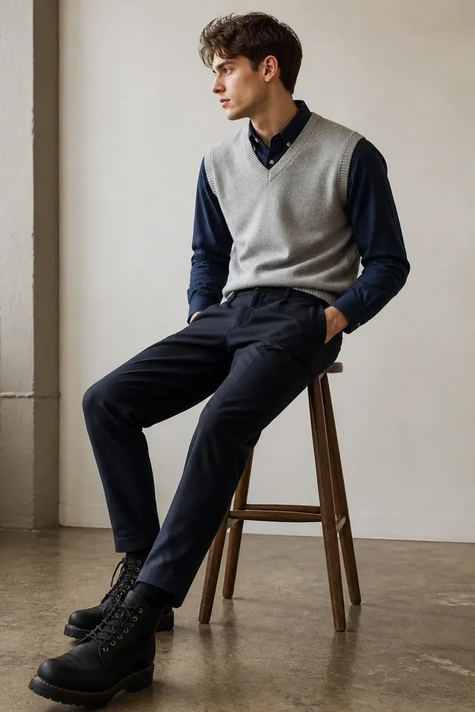 A light gray sweater vest layered over a navy button-down, tapered dark pants, and black Timberland boots; the shirt collar is visible.