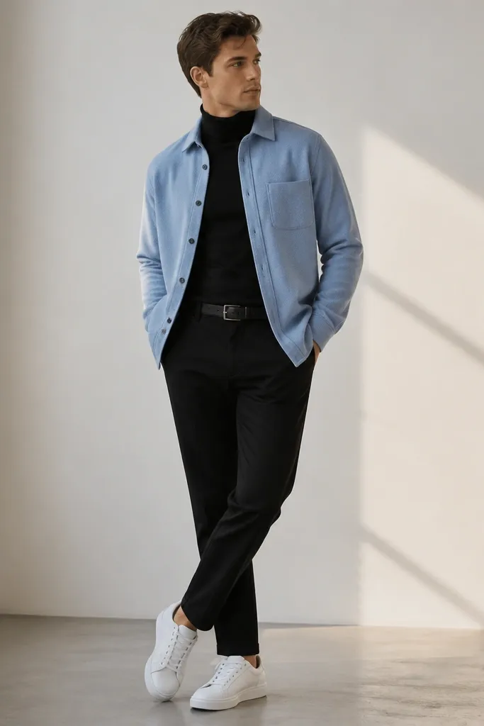 Model in a soft sky-blue flannel overshirt layered over a black turtleneck, with black slim chinos. Outfit is finished with clean white low-top sneakers and a simple black belt.