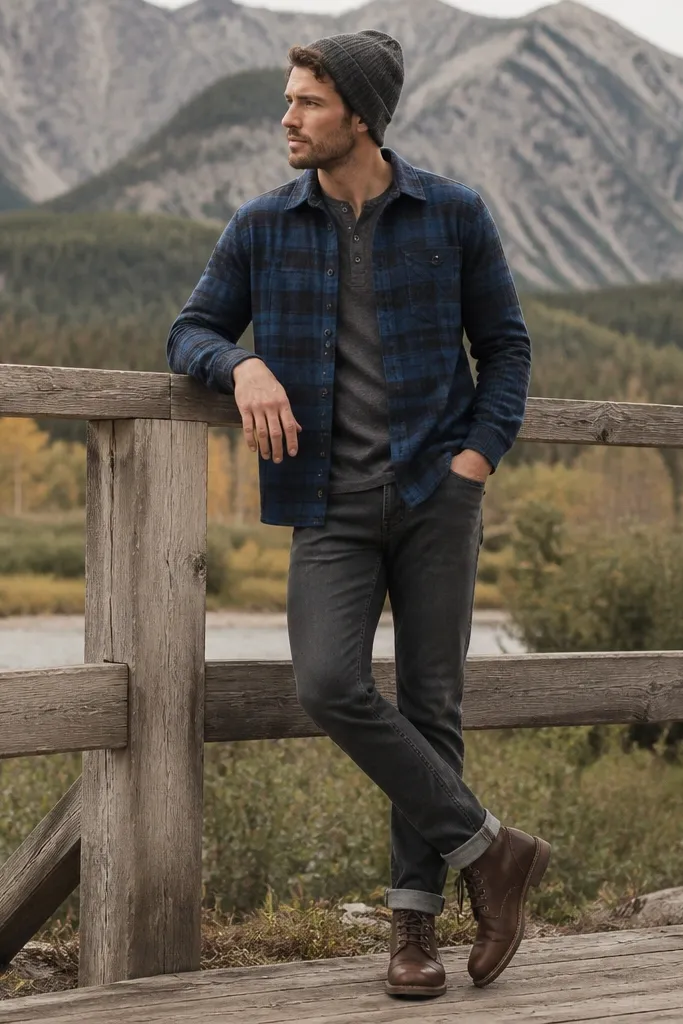Person wearing a blue buffalo plaid flannel layered open over a charcoal gray henley shirt, paired with dark gray jeans. Brown leather lace-up boots and a knit beanie complete the look.