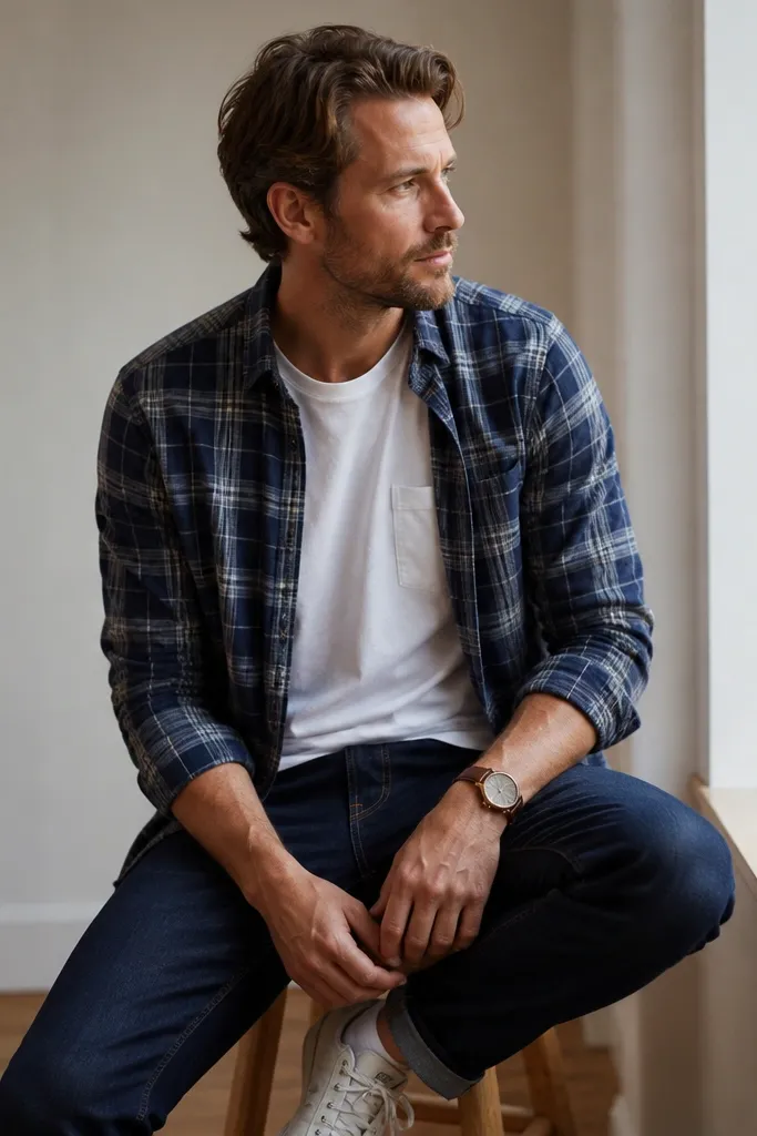 Man in an indigo-blue plaid flannel button-up, worn slightly open over a white pocket tee. He’s wearing dark indigo denim jeans with a brown leather watch and casual sneakers.
