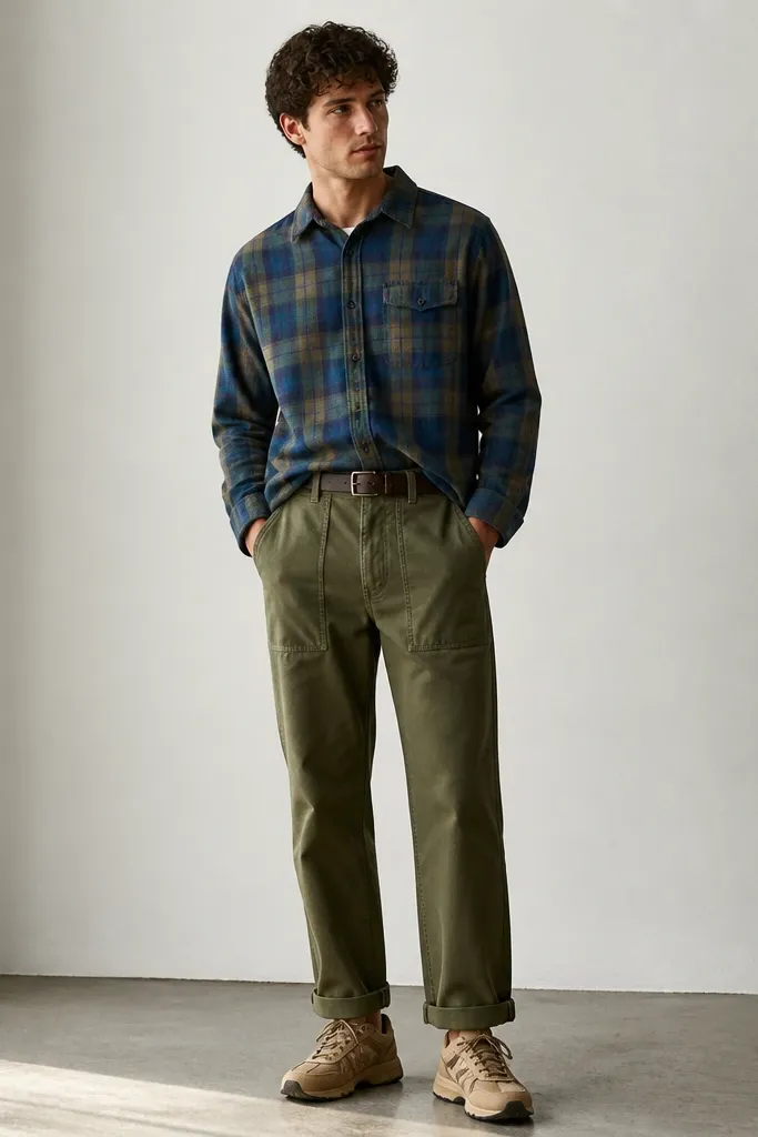 Model with a blue-and-green plaid flannel shirt partially tucked into olive chore pants. A simple dark belt shows at the waist, with tan work-style sneakers and a relaxed stance.